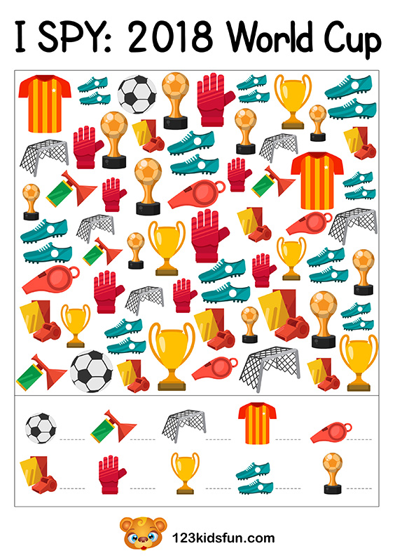 I SPY - Football World Cup 2018. Free Worksheets and Activities for Kids.