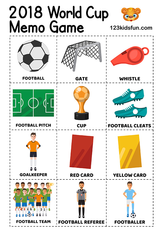 Memo Game - Football World Cup 2018. Free Worksheets and Activities for Kids.