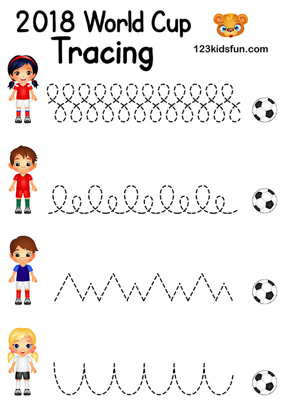 Tracing - Football World Cup 2018. Free Worksheets and Activities for Kids.