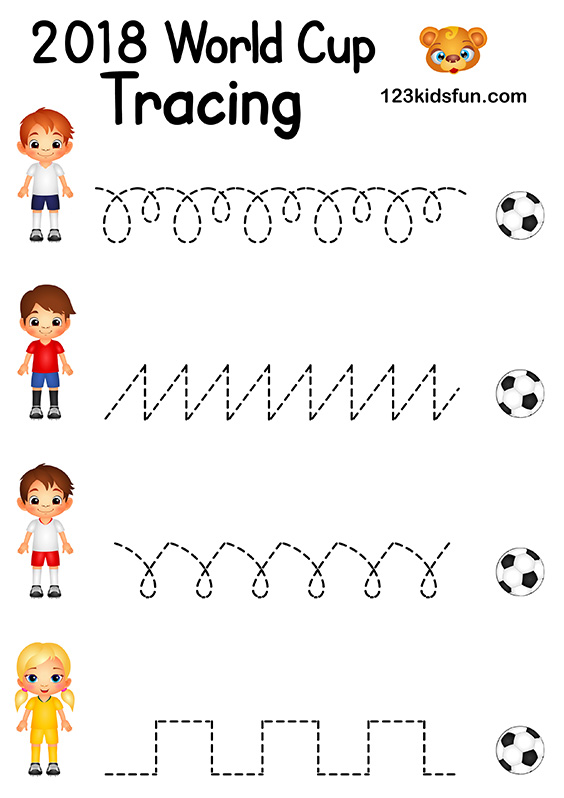 Tracing - Football World Cup 2018. Free Worksheets and Activities for Kids.