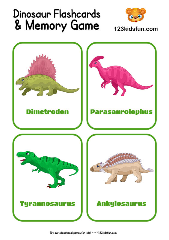 Free Printable Dinosaur Flashcards And Memory Game For Kids 123 Kids 