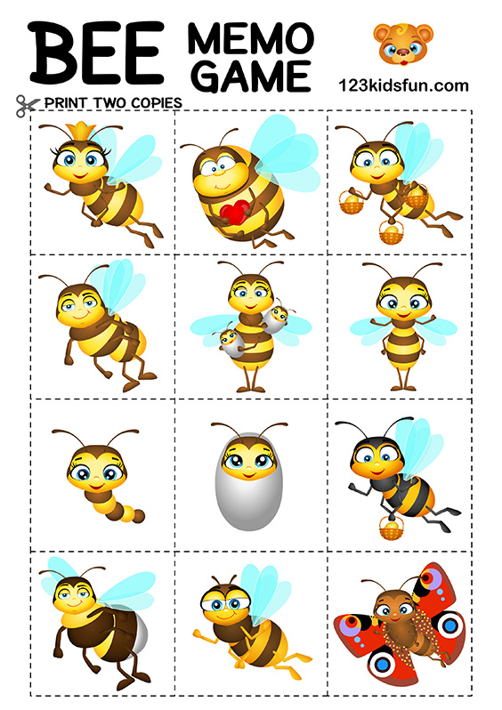 bee game games memory printable printables fun 123kidsfun