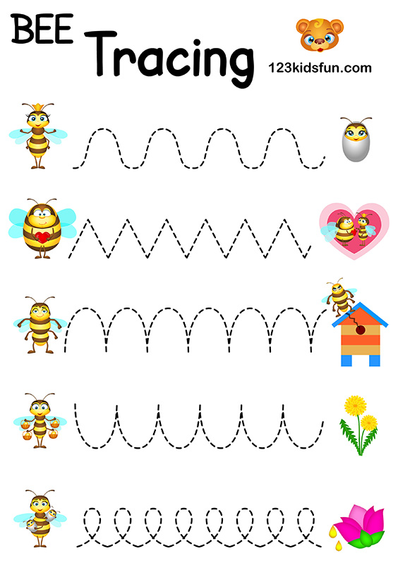 Bee Game - Free Tracing Printables Preschool Handwriting Practice. Worksheets Trace for Kids.
