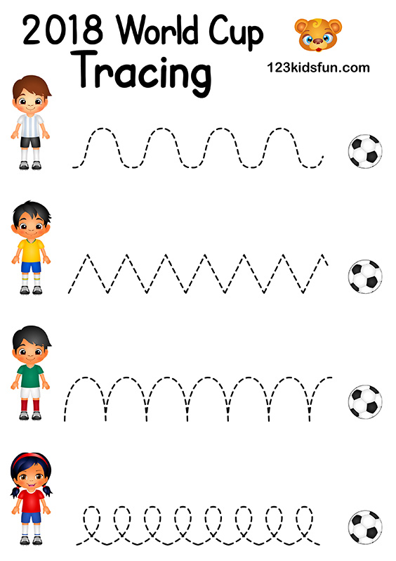 Tracing - Football World Cup 2018. Free Worksheets and Activities for Kids.