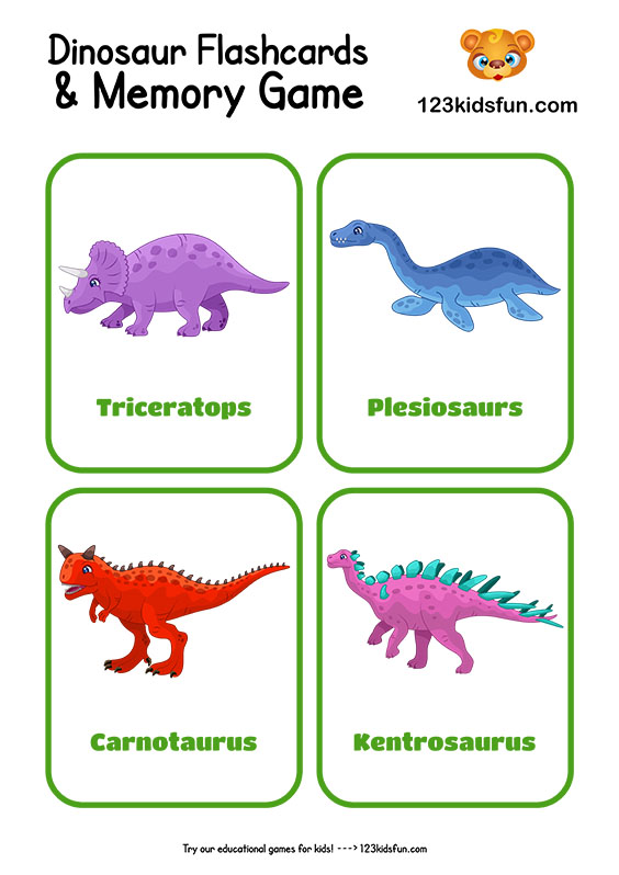 Free Printable Dinosaur Flashcards And Memory Game For Kids 123 Kids 