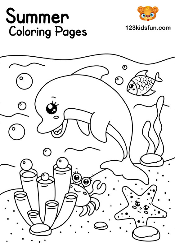 Summer Beach and Dolphin Coloring Pages for Kids