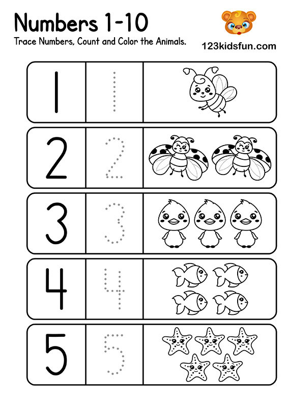 Preschool Math Worksheets Numbers 1-10 - Trace Numbers, Count and Color