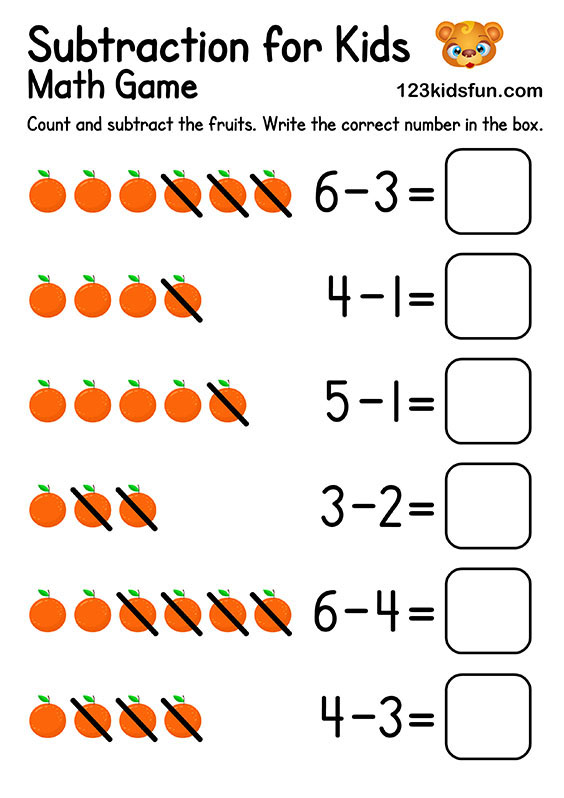 Free Printable Preschool & Kindergarten Math Worksheets - Subtraction for Kids
