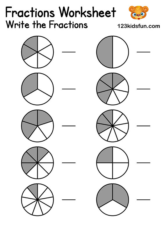 Write the Fraction - Free Printable Fraction Circles Worksheets for Kids