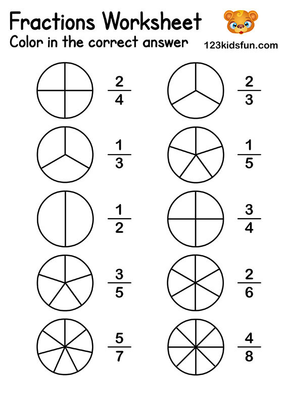 Color the Fraction - Free Printable Fraction Circles Worksheets for Kids
