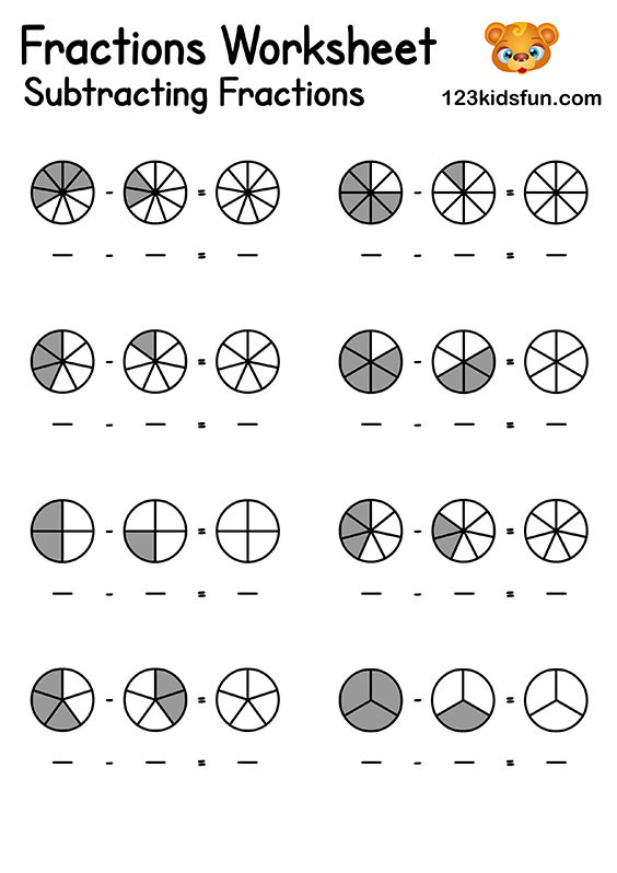 Subtracting Fractions with Fraction Circles - Free Printable Math Worksheets for Kids