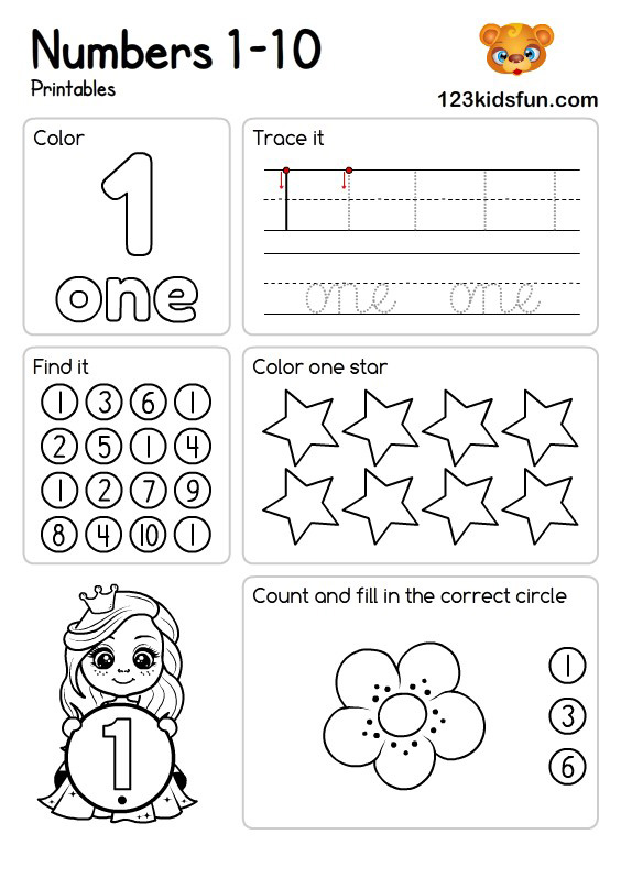 Free Printable Number Worksheets 1-10 for Preschool & Kindergarten Kids |  123 Kids Fun Apps