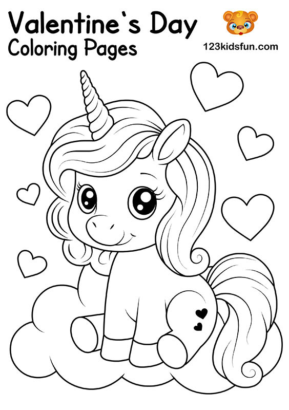 Cute Unicorn - Free Valentine's Day Coloring Pages for Kids and Printable Valentine's Day Cards