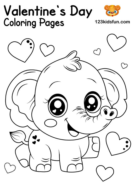 Cute Elephant - Free Valentine's Day Coloring Pages for Kids and Printable Valentine's Day Cards