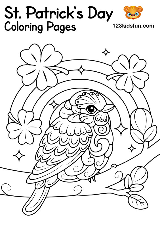 Lucky Bird with Rainbow and Shamrocks - Free Printable St. Patrick’s Day Coloring Pages for Kids
