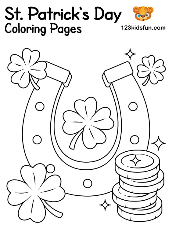 Lucky Horseshoe with Shamrocks and Coins - Free Printable St. Patrick’s Day Coloring Pages for Kids
